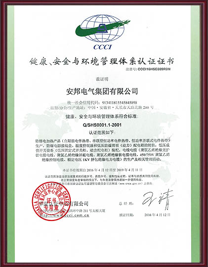 健康、安全與環境管理體系認證證書中文版